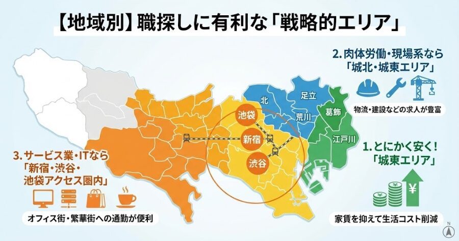 【地域別】職探しに有利な「戦略的エリア」
1. とにかく安く！「城東エリア（葛飾・足立・江戸川）」
2. 肉体労働・現場系なら「城北・城東エリア」
3. サービス業・ITなら「新宿・渋谷・池袋アクセス圏内」 