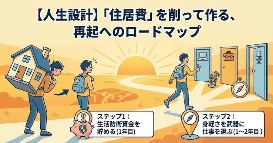 【人生設計】「住居費」を削って作る、再起へのロードマップ ステップ1:生活防衛資金を貯める(1年目) ステップ2:身軽さを武器に仕事を選ぶ(1〜2年目)