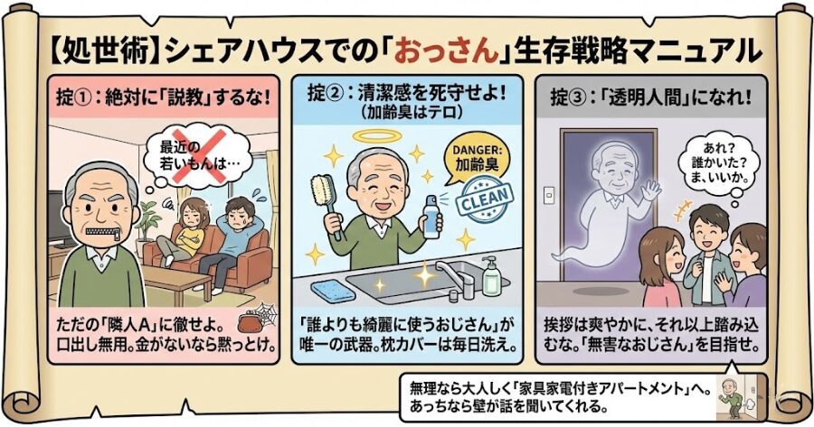 【処世術】もし「シェアハウス」に入れた場合の、おっさんの振る舞い方