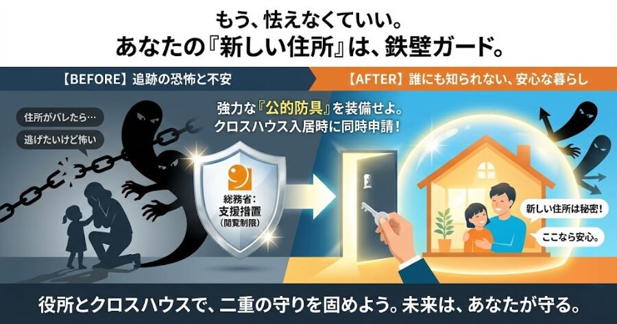 親からの虐待や、配偶者からのDVで逃げてきた奴はこれを使え。クロスハウスに住民票を移すと同時にこの手続きをすれば、加害者に新しい住所を調べられることはない。