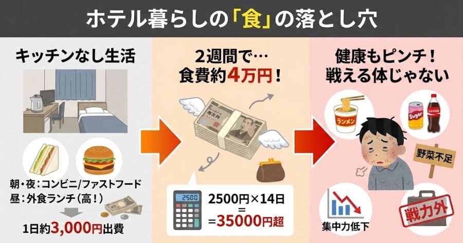 キッチンがないことによる「食費の爆発」