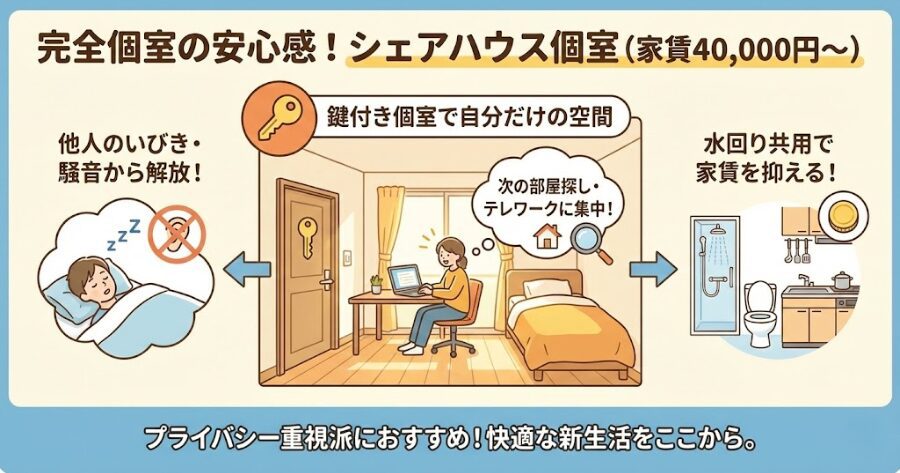 【完全個室の安心感】シェアハウス個室（家賃40,000円〜）