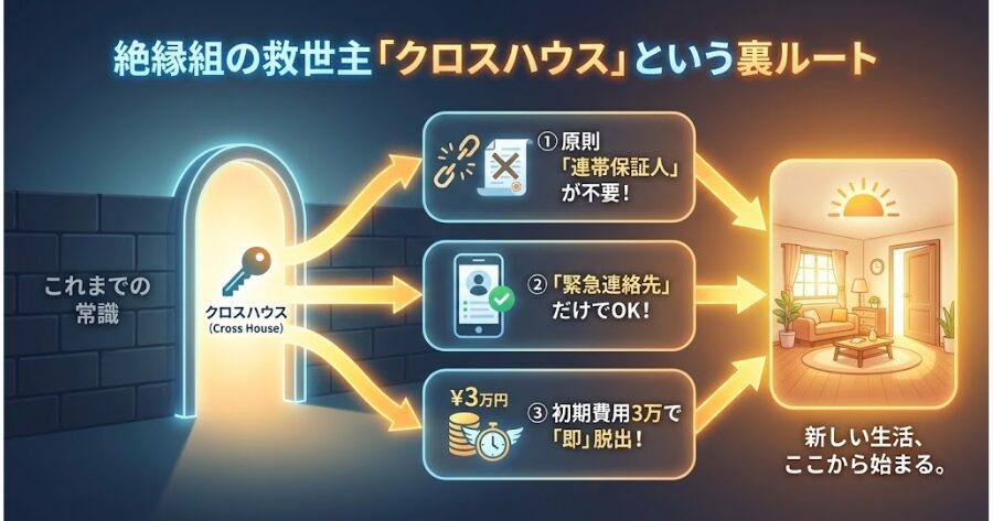 絶縁組の救世主「クロスハウス」という裏ルート
1. 「連帯保証人」が原則不要
2. 緊急連絡先だけでOK
3. 初期費用3万で「即」脱出