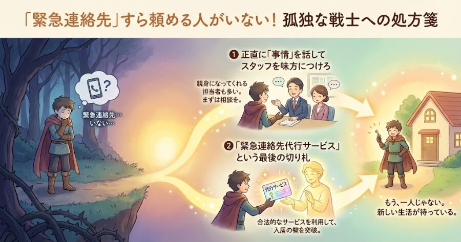 「緊急連絡先」すら頼める人がおらん!孤独な戦士への処方箋 1. 正直に「事情」を話してスタッフを味方につけろ 2. 「緊急連絡先代行サービス」という最後の切り札