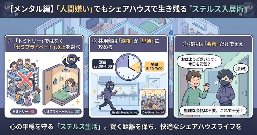 【メンタル編】「人間嫌い」でもシェアハウスで生き残る『ステルス入居術』
① 「ドミトリー」ではなく「セミプライベート」以上を選べ
② 共用部は「深夜」か「早朝」に攻めろ
③ 挨拶は「会釈」だけでええ
