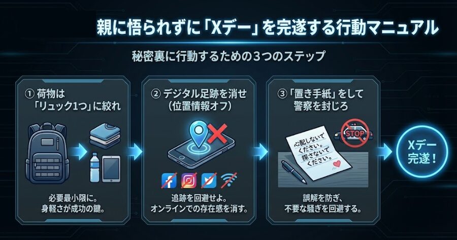 親に悟られずに「Xデー」を完遂する行動マニュアル
① 荷物は「リュック1つ」に絞れ
② デジタル足跡を消せ(位置情報オフ)
③ 「置き手紙」をして警察を封じろ