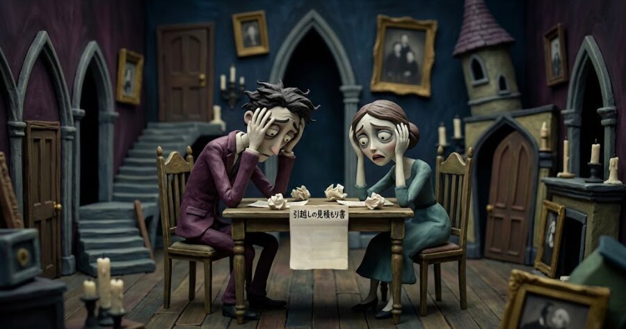 引越しの見積もり書を見て頭を抱え、夫婦で絶望している画像