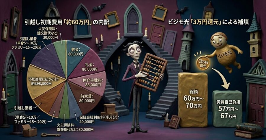 引越し初期費用「約60万円」の円グラフと、ビジモ光「3万円還元」による補填を視覚化した図解