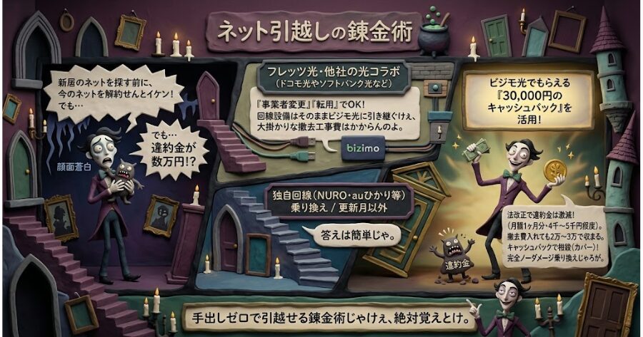 ビジモ光でもらえる「30,000円のキャッシュバック」を、そのまま旧回線の違約金支払いに充てて相殺（カバー）するんじゃ。