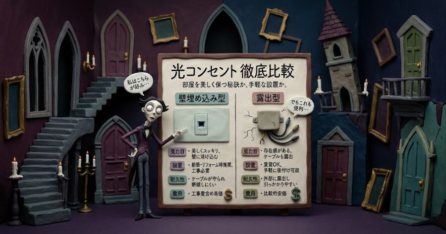 壁埋め込み型の光コンセントと、露出型の光コンセントの比較写真（自前で撮影・図解したもの）