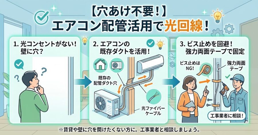 エアコンのダクト（配管穴）の隙間を通す