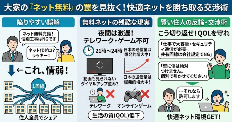 ネット無料物件の「激遅回線」に騙されるな！自衛の光回線を引け