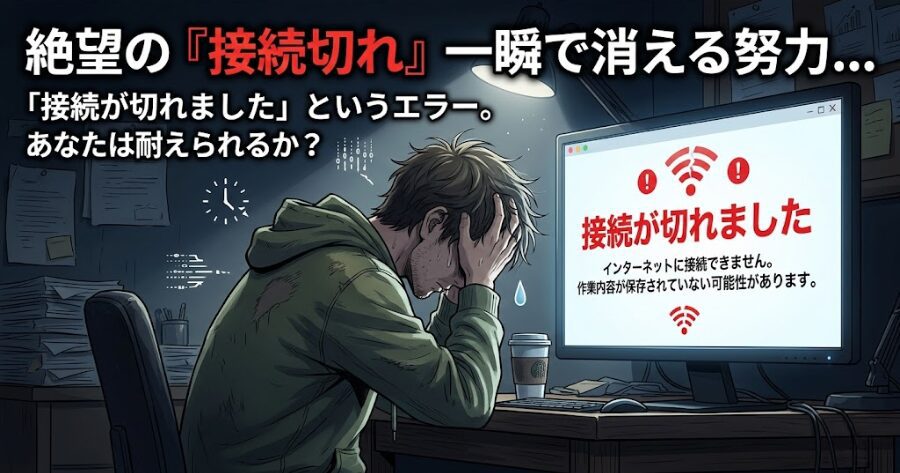 パソコンの画面で「接続が切れました」というエラーを見て、頭を抱えて絶望している男性のイラスト
