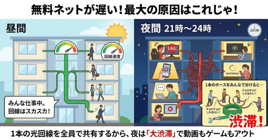 1つの回線を住人全員で「タコ足配線（シェア）」しとるから